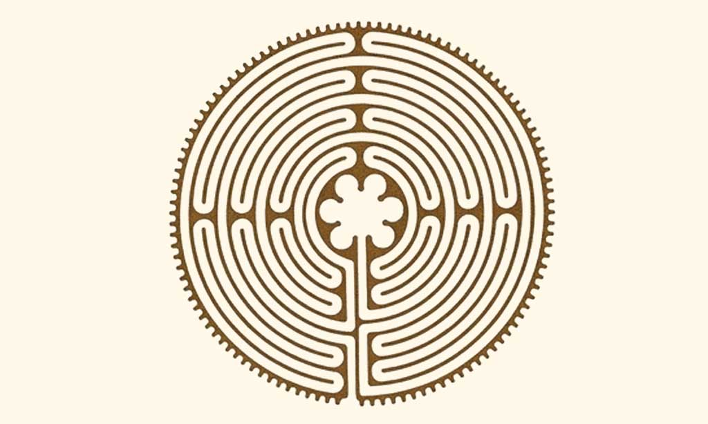 Rund gezeichnetes Labyrinth im Chartres-Stil, braun auf hellem Grund