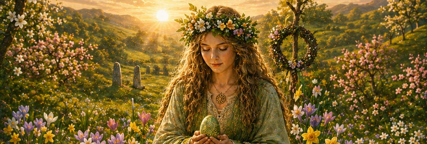 Frau mit Blumenkranz sitzt in einer blühenden Frühlingswiese im goldenen Licht. Sie hält ein Ei.